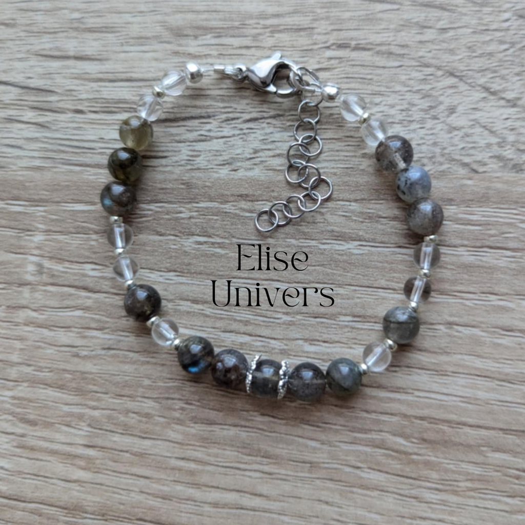 Bracelet labradorite 6mm et cristal de roche 4mm