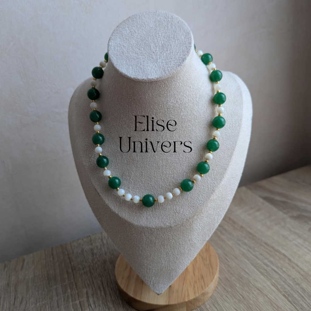 Collier aventurine verte 10mm et nacre 6mm