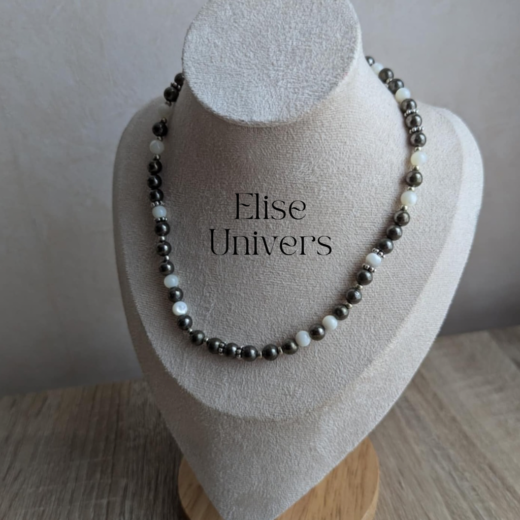 Collier pyrite 6mm avec nacre