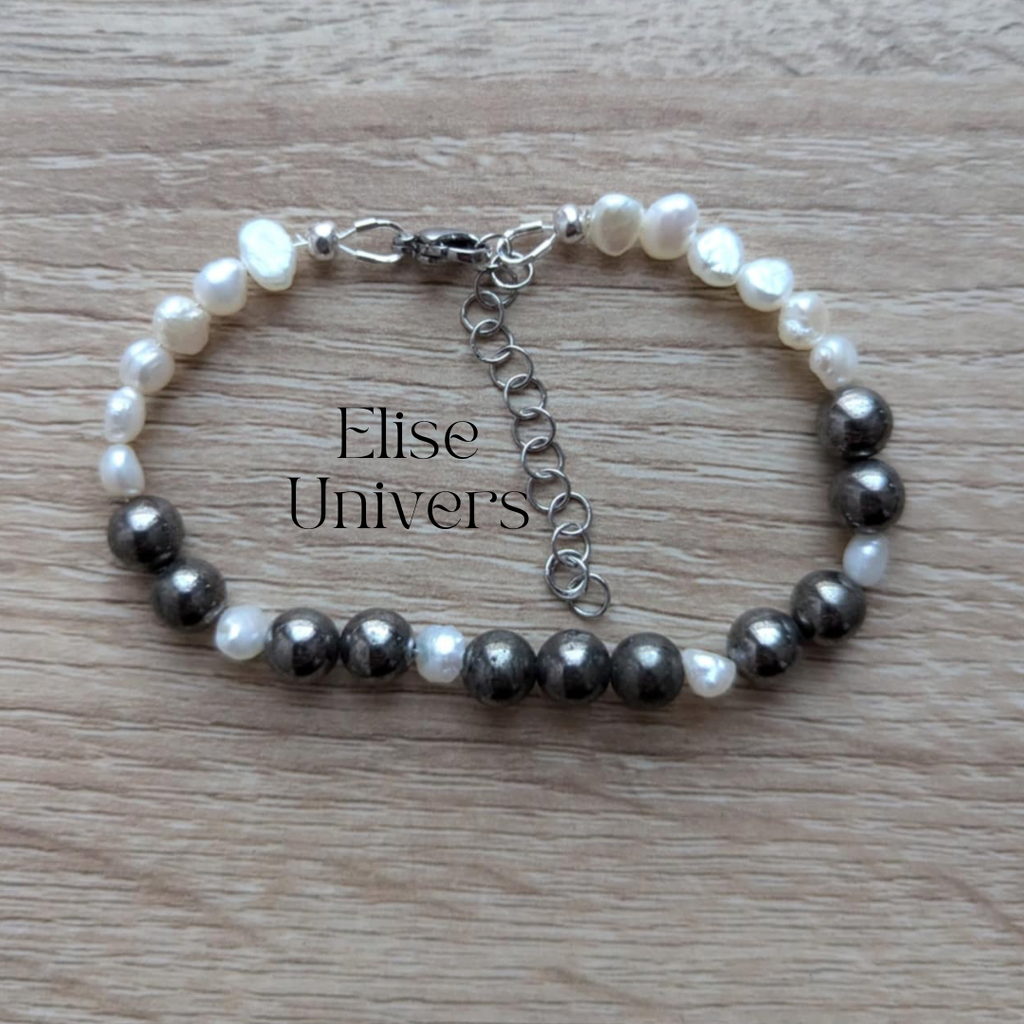 Bracelet pyrite 6mm avec perle d'eau douce