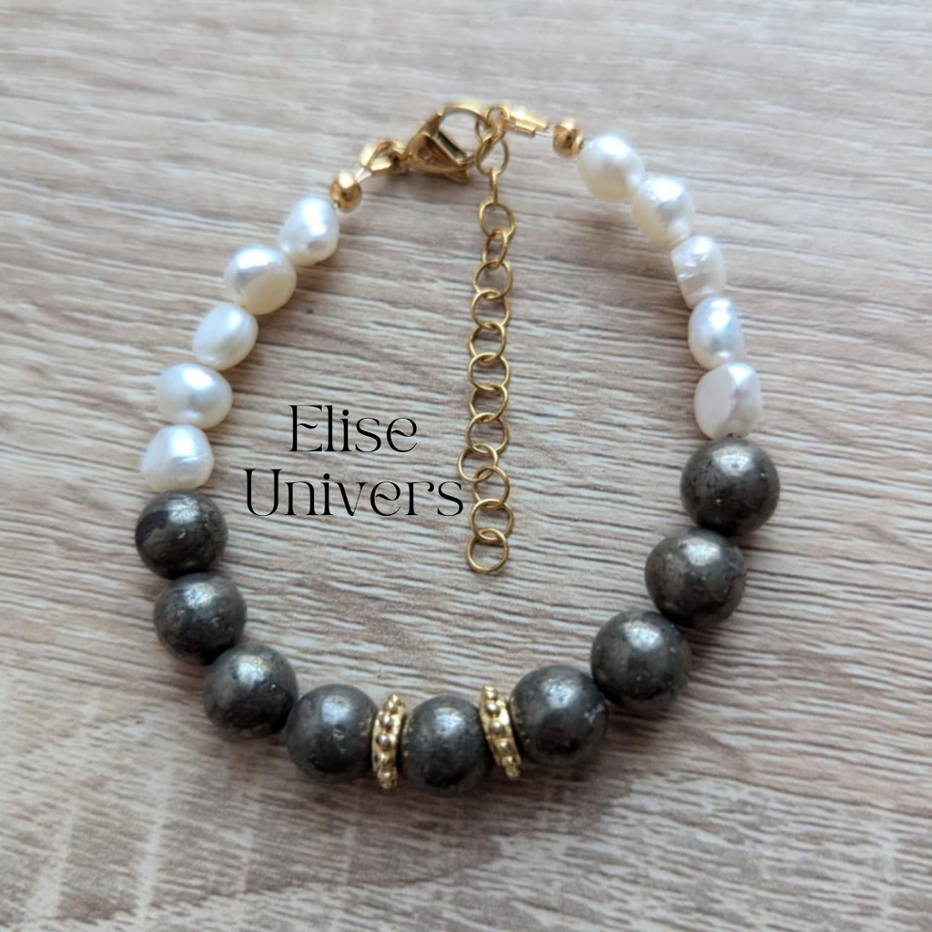 Bracelet pyrite 8mm avec perle d'eau douce